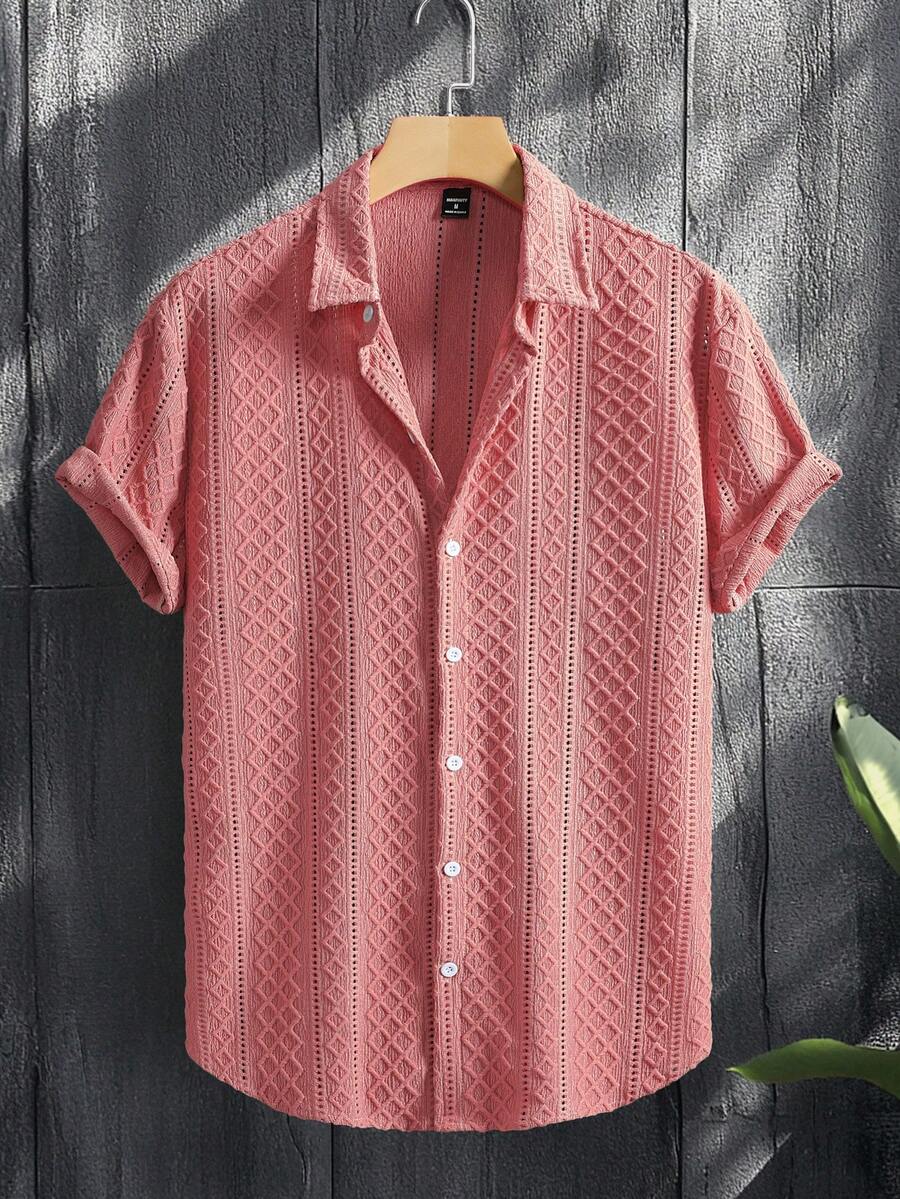 Manfinity Homme Áo sơ mi nam tay ngắn, màu trơn, chất liệu vải dệt, cài cúc phía trước, thích hợp cho kỳ nghỉ hè. - Màu Hồng Dưa hấu - Xem 1