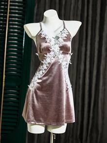 SilkySpell Lace Patchwork Sexy Backless Spaghetti Strap Nightgown - Mocha Brown - View 11