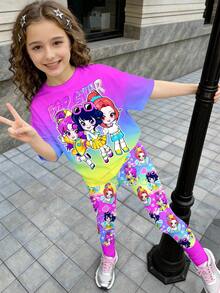 SHEIN طقم تي شيرت بياقة مستديرة وأكمام قصيرة وبنطلون مطبوع برسوم كرتونية للفتيات الصغيرات - متعدد الألوان - مشاهدة 3