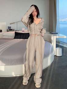 DAZY Ladies' Casual Solid Color Two Pieces Set Tracksuits Women Set Hoodie Lounge Sets For Women - Khaki - View 3