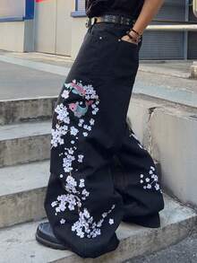 ROMWE MEN Men's Floral Embroidery Pattern Loose Fit Jeans - Black - View 1