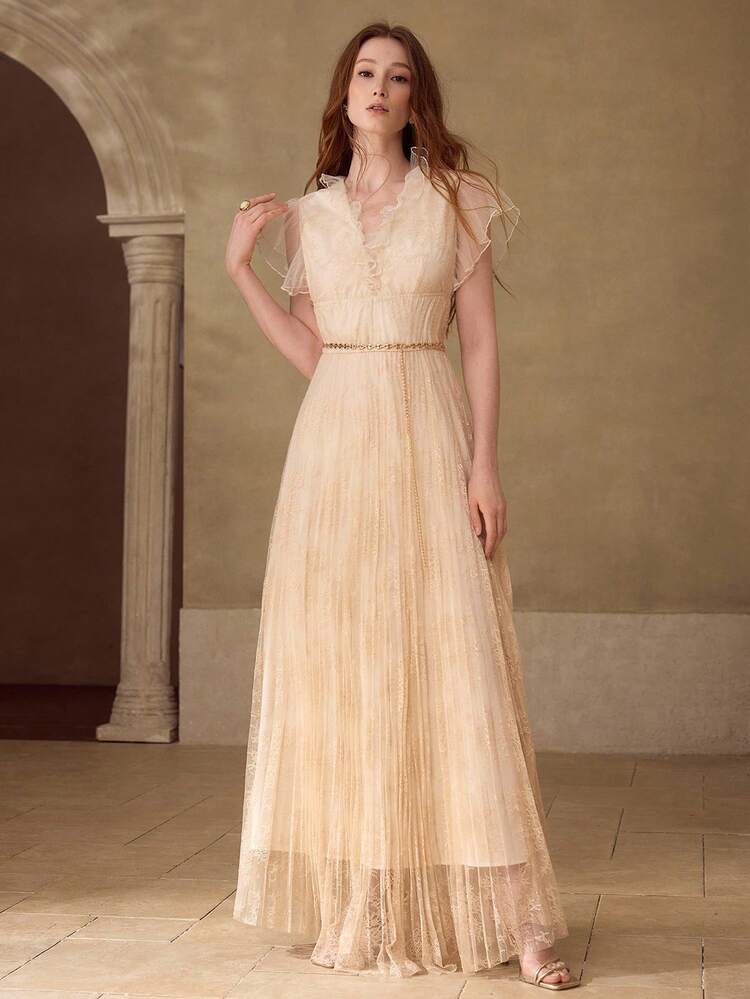 WOMEN'S V-NECK PLEATED LONG SLEEVE DRESS, SPRING/SUMMER