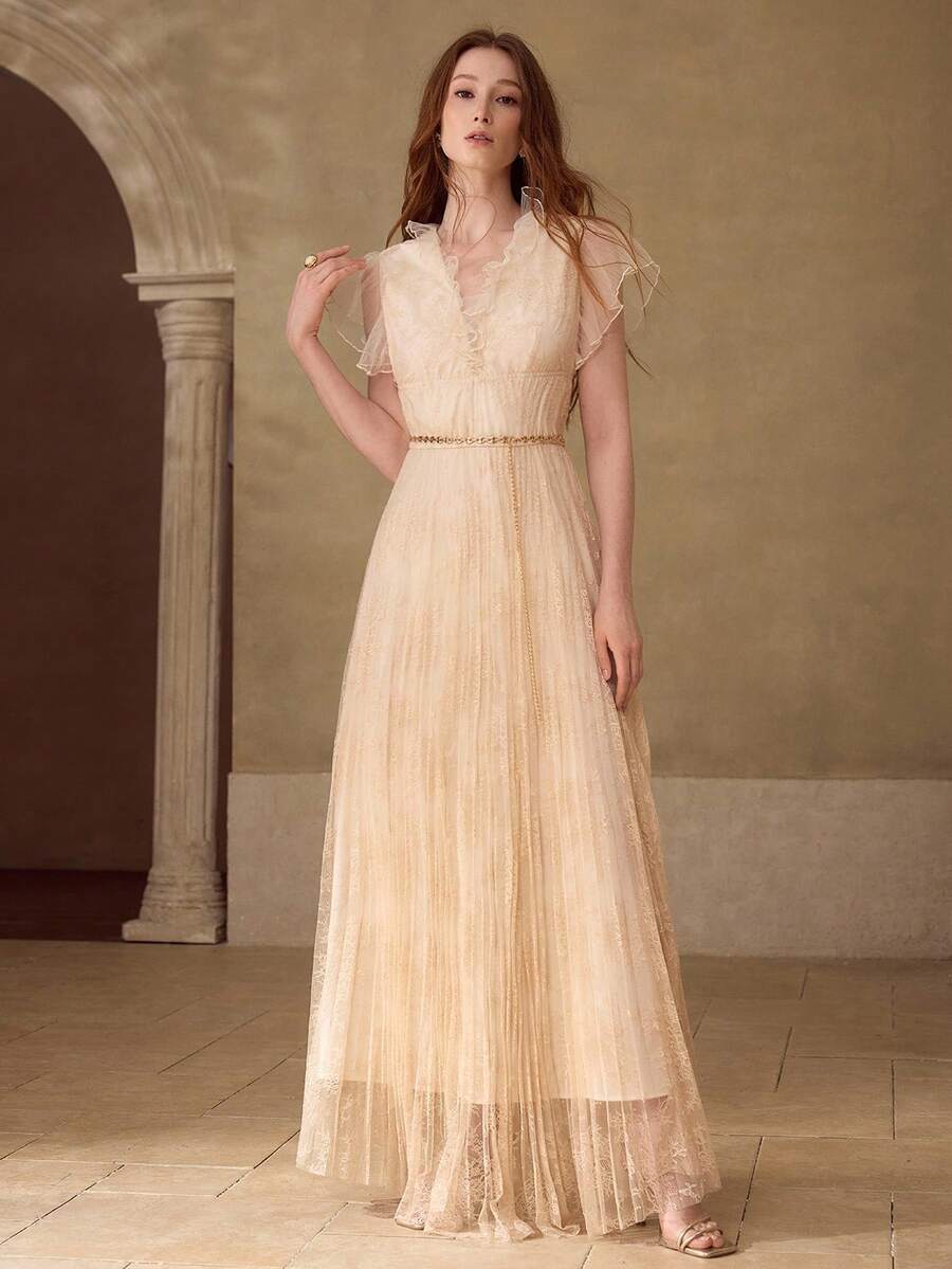 MOTF PREMIUM WOMEN'S V-NECK LONG SLEEVE PLEATED DRESS, SPRING/SUMMER - Apricot - View 1