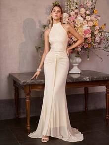 MOTF Soiréza 串珠刺绣露背鱼尾裙摆正式礼服，春夏款 - 杏色 - 查看 6