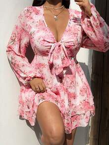 Sunnyshic Valentine New Fashion V-Neck Waist Cinched Floral Print Ruffle Hem Long Sleeve Dress, Vacation Style, Spring/Summer - Pink - View 2