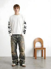 GENIUS ODE Men's Street Style Gothic Letter Print Loose Fit Short T-Shirt - Beige - View 2