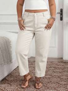 EMERY ROSE Plus Size Women's Casual Versatile Daily Travel Denim Jeans With Pockets And Buttons - Khaki - View 8