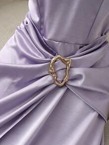 Franclia Đầm nữ thanh lịch, đầm bóng, đầm satin, đầm đính kim loại, đầm tay xòe, đầm cổ tròn, đầm xuân/hè. - Màu tím hoa cà - Xem 3