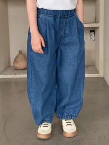 DAZY Young Girl Elastic Waist Pockets Casual Versatile Wide Leg Tapered Jeans - Blue - View 5