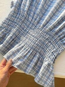 Comfortcana Camiseta sin mangas casual a cuadros para mujer de talla grande - Celeste - Ver 3