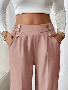 SHEIN Frenchy Women's Elegant Straight-Leg Pants With Double Buckle, Suitable For Commuting - Baby Pink - View 5