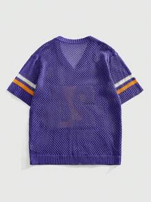 ROMWE MEN Men's V-Neck Football Inspired Knit Sweater, Street Fashion - Purple - View 2
