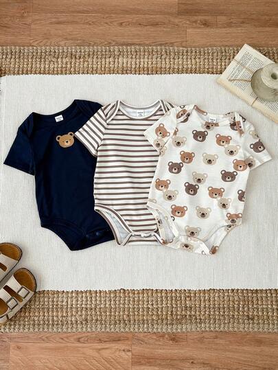 3件套新生儿男女通用舒适休闲撞色拼接短袖连体衣和裤子套装，适合室内、室外、日常、运动、玩耍、派对、拍照、度假、春夏穿着。