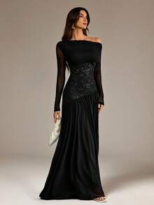 SHEIN Tall New Style One-Shoulder Long-Sleeved Contrasting Mesh Embroidery Asymmetrical Hem Splicing Super Long High Elastic Slim Dress Elegant And Romantic Black Dresses For Women Off Shoulder Formal Dress Long Sleeve Formal Dress Black Formal Evening Gown Long Black Elegant Dress - Black - View 6