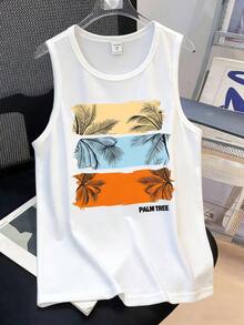 SHEIN 男童针织简约时尚酷炫度假日落撞色棕榈树阴影印花无袖背心，适合夏季、海滩、度假、户外活动。 - 白色 - 查看 2