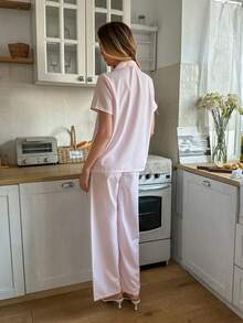 SHEIN 女士睡衣两件套，短袖上衣和长裤，浪漫条纹印花，粉色家居服 - 淺粉色 - 查看 3