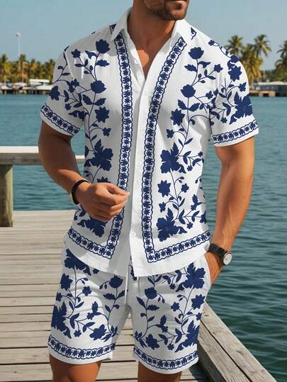 Manfinity RSRT Bărbați, tricou cu mânecă scurtă, guler polo cu imprimeu floral, un singur nasture, top și pantaloni scurți cu talie cu șnur, ținută casual de zi cu zi