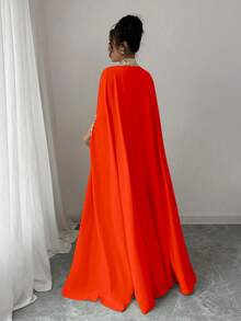 Rafferiza Women's Elegant 2 Pieces Set: Ribbon Trim Batwing Sleeve Robe & Sleeveless Round Neck Dress - Orange - View 2