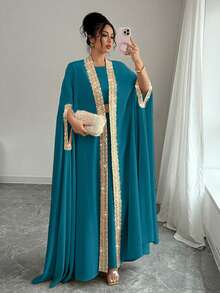 SHEIN Raffinéa Women's Elegant 2 Pieces Set: Ribbon Trim Batwing Sleeve Robe And Sleeveless Dress - Blue - View 5