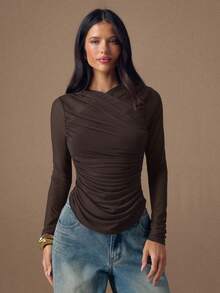 SHEIN BAE Áo thun nữ dài tay ôm dáng, màu trơn, xếp ly. - Cà phê nâu - Xem 6