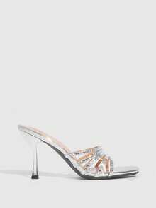 CUCCOO SZL Women's Square Toe Silver Elegant High Heel Slide Sandals, Suitable For Party Occasions - Silver - View 2