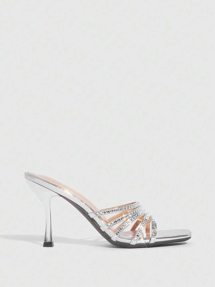 CUCCOO SZL Women's Square Toe Silver Elegant High Heel Slide Sandals, Suitable For Party Occasions Spring Shoes Prom Heels