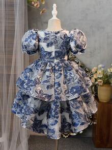 SHEIN Young Girls Floral Print Short Sleeve Dress - Blue - View 2