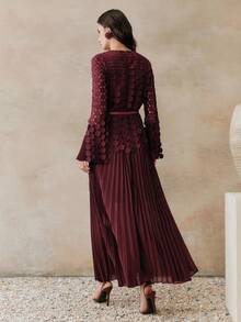 Anewsta Women's Elegant Water-Soluble Lace Circular Pleated Flared Dress - Burgundy - View 2