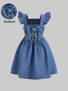 SHEIN Girls' Stylish Denim Suspender Dress, New Summer Design Princess Dress For Children - Blue - View 3