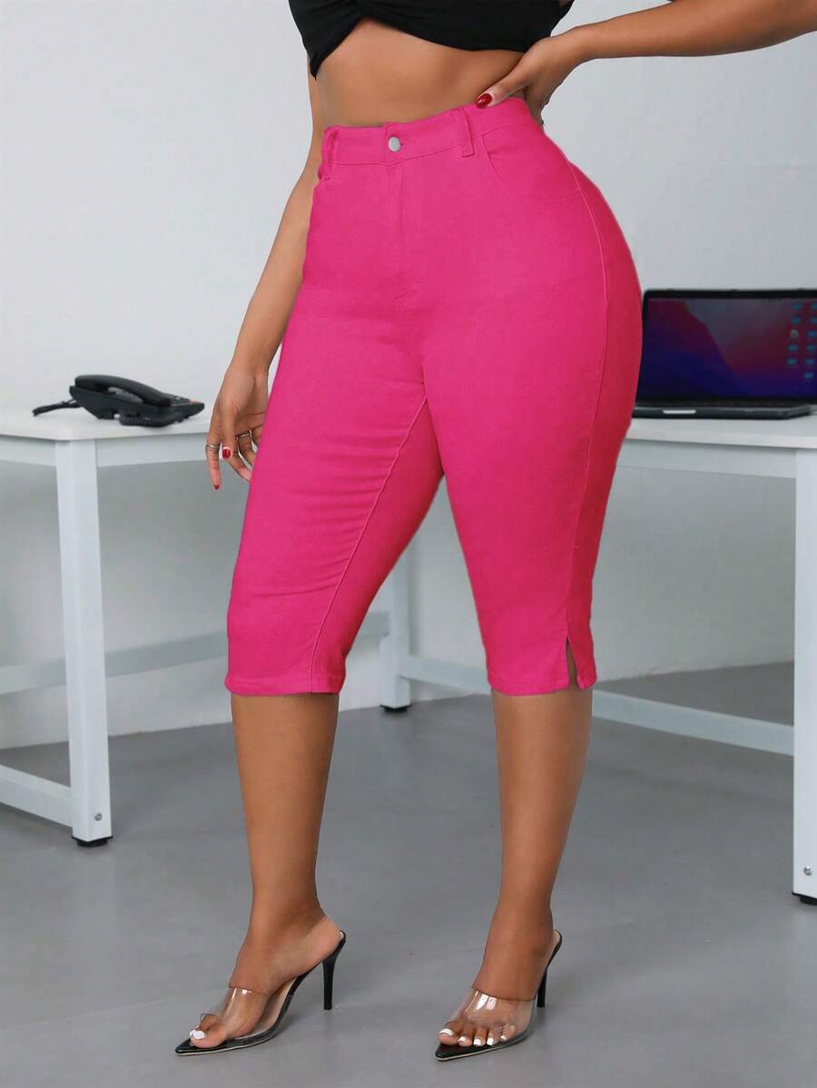 SHEIN SXY Quần short Bermuda denim nữ cài nút, kiểu dáng thường ngày, đa năng. - Màu Hồng Tươi - Xem 1