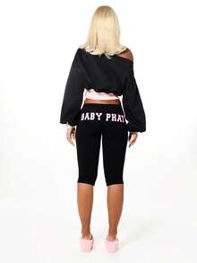 BABYPHAT 七分紧身裤，抽绳腰带，猫咪图案印花，休闲舒适，情人节必备 - 黑色 - 查看 5