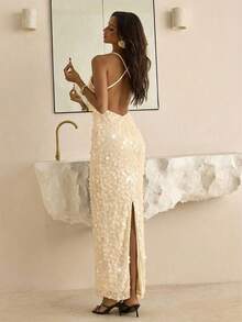 Vowa Elegant Luxurious Minimalist Deep V-Neck Lace Patchwork Dress, Sexy Dress, High Waist Black Lace Dress - Apricot - View 2