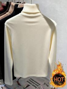 Franclia 休闲时尚刺绣杏色圆领长袖女式T恤，百搭秋冬针织外套