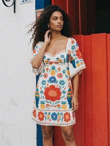 CAJUNI Sweetheart Neck Floral Print Ruffle Casual Vacation Dress - Beige - View 6