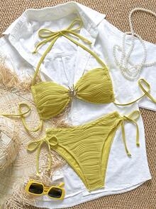 Swim Mod Swim Chiccia Textured Fabric Metal Buckle Halter Tie Side Bikini Set, Summer Beach Vacation - Mustard Yellow - View 6