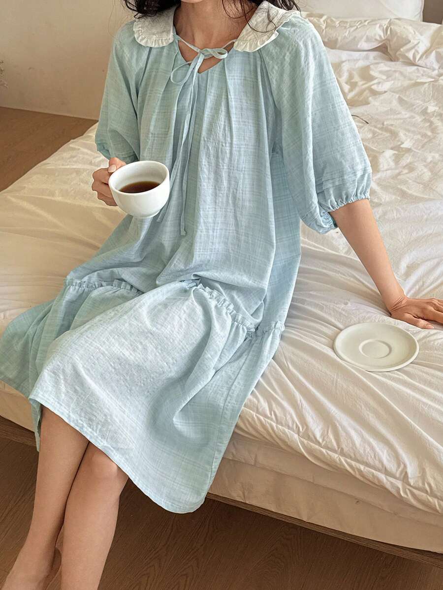 DAZY Cute Lace-Up Contrast Peter Pan Collar Pleated Lantern Sleeve Loose Women Nightgown - Blue - View 1