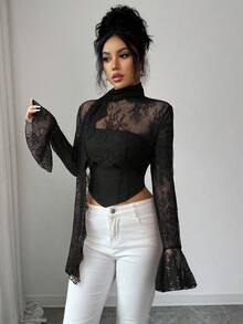 Elenzga Blusa feminina nova, em cor sólida, com detalhes em renda, sem alças, mangas longas e amplas com punhos franzidos, detalhe frontal em espinha de peixe, amarração longa no pescoço, ideal para festas, Halloween, Natal, eventos de fim de ano, encontros e Dia dos Namorados. - Preto - Ver 5