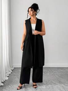 Elenzga Plus Size Women's Elegant Black Autumn Formal Lapel Sleeveless Long Suit Jacket+Suit Pants 2pcs Set,Commute Solid Color Versatile Styling Outfits - Black - View 3