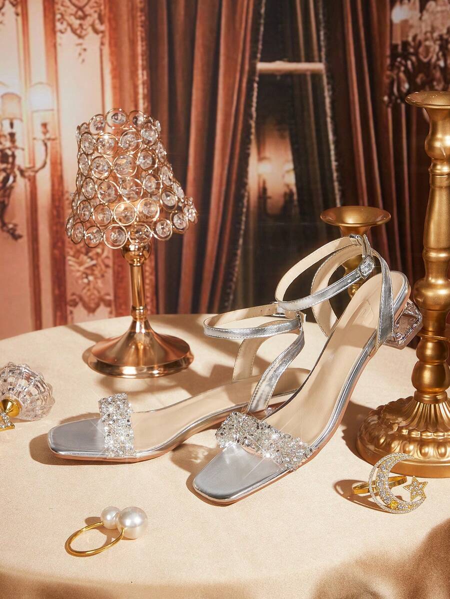 CUCCOO TILAWA 女士时尚水晶玻璃水钻装饰高跟凉鞋,适合户外活动和派对,春季鞋款,春假复活节舞会高跟鞋 - 銀色 - 查看 1