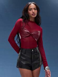 Normani Body sexy et décontracté pour femme, rouge bordeaux, en patchwork de PU et résille transparente, haut tendance à manches longues transparentes - Rouge foncé - Voir 4