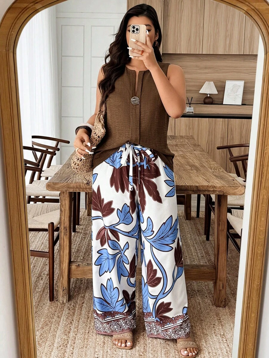 Weeklong 大码女式植物印花纽扣装饰休闲度假两件套，春夏款 - 彩色 - 查看 1