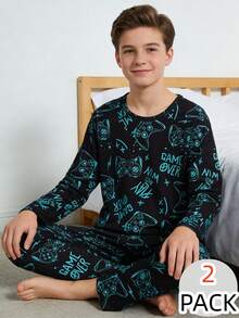 男童睡衣套装 - 两件套，黑色/蓝绿色游戏印花，圆领长袖上衣和长裤，舒适居家休闲睡衣，四季皆宜，2026年假日必备礼物，休闲俏皮现代街头风