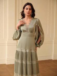 ZEYLAH Váy ôm sát eo xếp ly phối ren, Thu/Đông - xanh xám - Xem 5