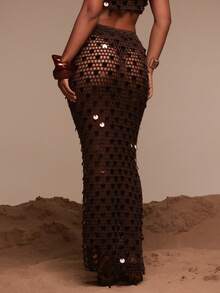 Musera Resort Váy maxi dệt kim hở đính sequin, chỉ dùng để che chắn khi đi bơi, du lịch mùa hè, đồ đi biển Terra Sol mùa xuân - Màu nâu Sô-cô-la - Xem 4