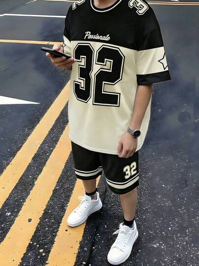 Set de 2 piezas de camiseta de manga corta y pantalones cortos holgados, estilo deportivo, con bloques de color, letra inglesa, minimalista y clásico de moda, adecuado para niños preadolescentes en primavera/verano