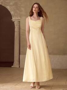 MOTF PREMIUM WOMEN'S SPRING/SUMMER SATIN CONTRAST LACE TRIM STRUCTURED A-LINE DRESS - Light Yellow - View 4