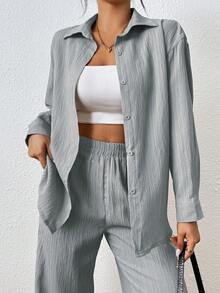 SHEIN PETITE Bộ đồ nữ thường ngày đa năng, màu trơn, gồm áo và quần, thích hợp mặc đi làm. - Màu Xám nhạt - Xem 6