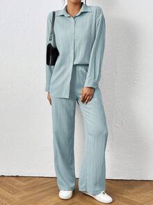 SHEIN PETITE 女士纯色长袖单排扣衬衫和裤子休闲两件套 - 薄荷綠 - 查看 6