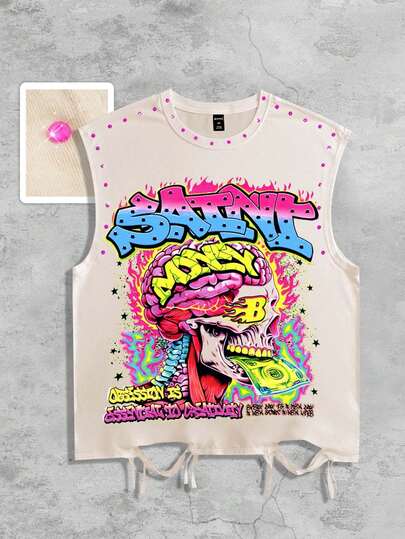 Street Life Camiseta de tirantes para hombre con diseño de calavera de strass, para el verano