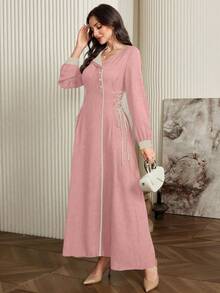 Modelyn Vestido elegante con cordón ajustable en la cintura y tirantes delgados con ribete de color contrastante - Rosa - Ver 8